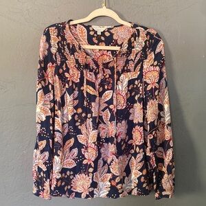 Lucky Brand Paisley Floral Print Navy Blue Tie Neck Boho Peasant Top Shirt